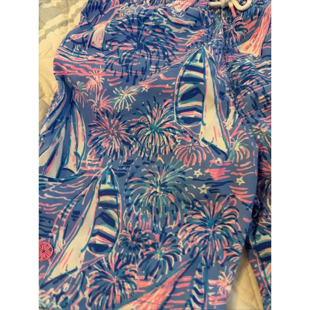 Lilly Pulitzer Boca Blue Pink Sailabration Swimsuit Swim Trunks Boys L 8/10 NWT